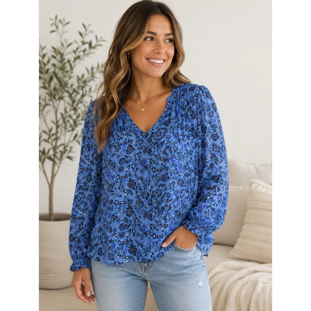 Old Navy Blouse Women's Blue Floral Boho Tassels Long Sleeve Top Size Large
